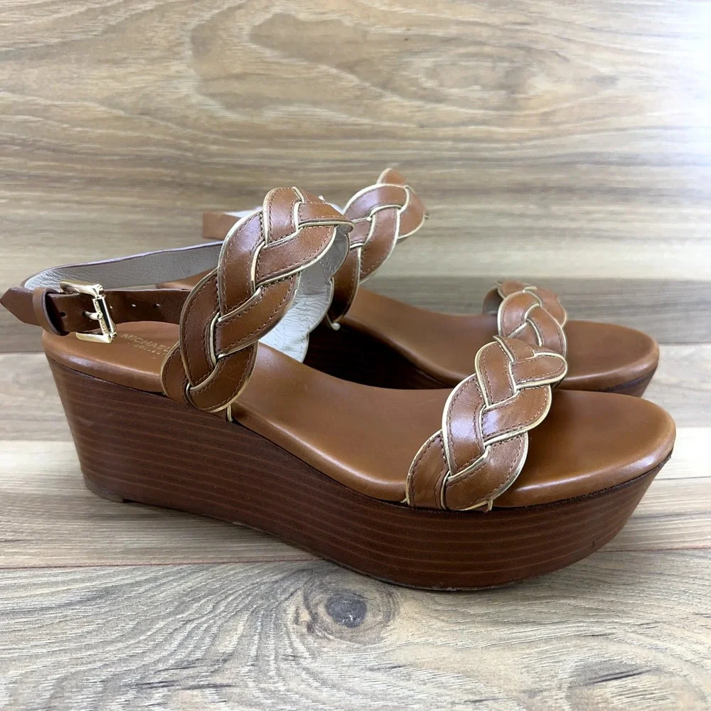 Michael Kors Collection 38 8 Luggage Tan Leather Braided Slingback Wedge